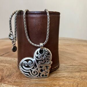 Brighton Madrid Heart Romantic Scroll Silver Charm Crystal Pendant Necklace 32”